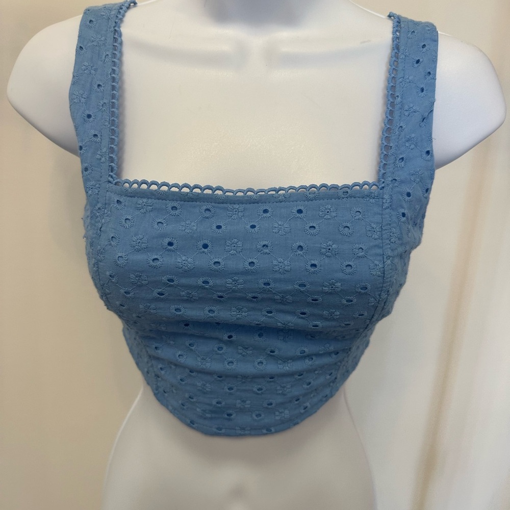 Altar’d State Blue Eyelet Crop Top Lace Up Back Corset Square Neck NWOT